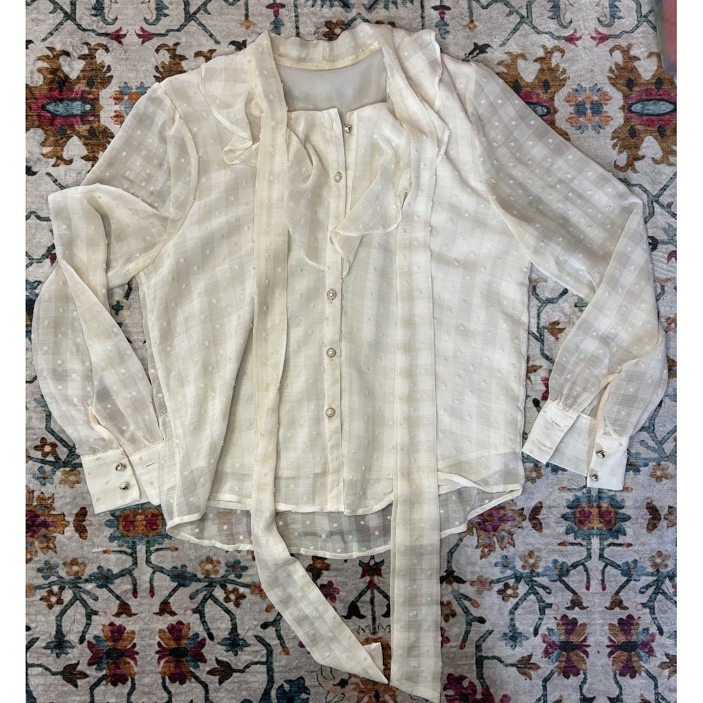 Really Why‎ Sheer Blouse Button Down Cream Color Ruffle Collar